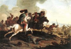 Encounter between Kuruc (left) and Labanc (right) cavalrymen at the time of the Rákóczi Rebellion (1703-1711).  