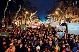 Demonstration outside the Fidesz celebration of the Fundamental Law at the Hungarian Opera House in Budapest. 