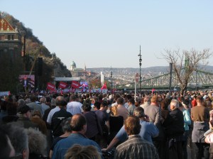 The united opposition rally in front of the Budapest Technical University