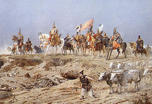 Grand Prince Árpád leads the Magyars on the conquest of their modern-day home (896 AD).