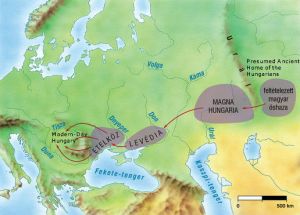 The gradual migration of the Magyars to the Carpathian Basinfrom the Ural Mountains (click on map for greater detail).
