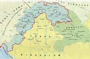 The Habsburg Kingdom of Hungary (blue), the Ottoman Empire (yellow) and the Principality of Transylvania (green).