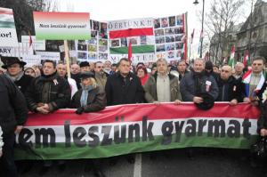 Echo TV owner Gábor Széles (center) at the head of a pro-government Peace March processions in Budapest. 
