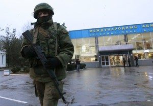 Russian soldier on patrol at Simferopol International Airport in Crimea. 
