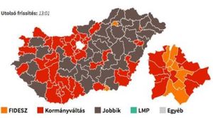 Second-place finishers in individual voting-districts: brown=Jobbik; red=Change of Government; orange=Fidesz. 