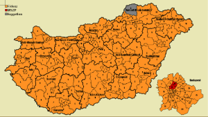 Electoral districts won in 2010 National Assembly elections: orange=Fidesz; grey=independent; red (within map of Budapest)=Hungarian Socialist Party. 