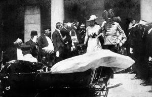 Duchess Sophie and Archduke Franz Ferdinand enter a motor vehicle in Sarajevo shortly before their assassination. 