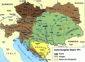 The Austro-Hungarian Monarchy: Cisleithania (brown); and Transleithania (green). Bosnia and Herzegovina (yellow) was officially incorporated into the monarchy in 1908. 