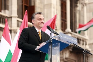 Newly appointed Prime Minister Viktor Orbán speaking outside the Hungarian Parliament Building in Budapest shortly after the landslide Fidesz victory in 2010 National Assembly elections. 