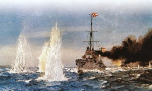 Austro-Hungarian battleship under attack during the Battle of the Strait of Otranto in the Adriatic Sea in May 1917. 