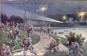 Austro-Hungarian troops pass across the Sava River during the invasion of the Kingdom of Serbia in August 1914. 