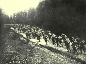 Troops from the Kingdom of Romania cross the Carpathian Mountains in 1916. 