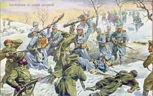 Austro-Hungarian and Russian troops engage in hand-to-hand combat at the Uzsok Pass in Galicia during winter 1914-1915. 