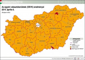 Results in individual voting-districts outside Budapest: orange=Fidesz victory; red=Change of Government victory.
