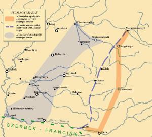 Purple field: neutral zone stipulated in Vix memorandum of March 20; purple dashed-line: extent of Romanian advance; orange line: neutral zone stipulated in Berthelot-Apáthy agreement on January 3. 