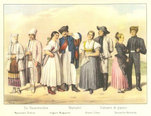 Nationalities from the Kingdom of Hungary (left to right): Romanians; Hungarians; Slovaks; and Germans. 