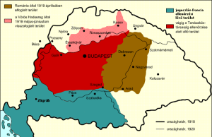 Zones of control within the boundaries of the pre-November 1918 Kingdom of Hungary: red = the Hungarian Soviet Republic; pink = territory the Hungarian Red Army recaptured from the Czecho-Slovak army during the Northern Offensive; brown = territory the Romanian army captured in April 1919; blue = region under control of Serbian army. Note that the uncolored areas represent territory under the control of the Czecho-Slovak army (north) and Romanian army (east) at the time of the proclamation of the Hungarian Soviet Republic.