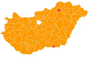 Individual electoral-district winners outside Budapest: orange=Fidesz candidates; red=Change of Government candidates. 