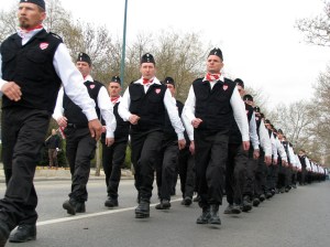 Column of Hungarian Guard members proceeds through the City Park on its way to Heroes' Square (3/15/2008).