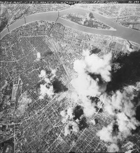 Allied bombs falling on Budapest. 