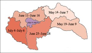 Deportation dates of Jews to Auschwitz according to merged Hungarian Royal Gendarmerie district.
