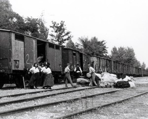 Germans loading their belongings onto a train in Békásmegyer (Krottendorf) on May 3, 1946. 